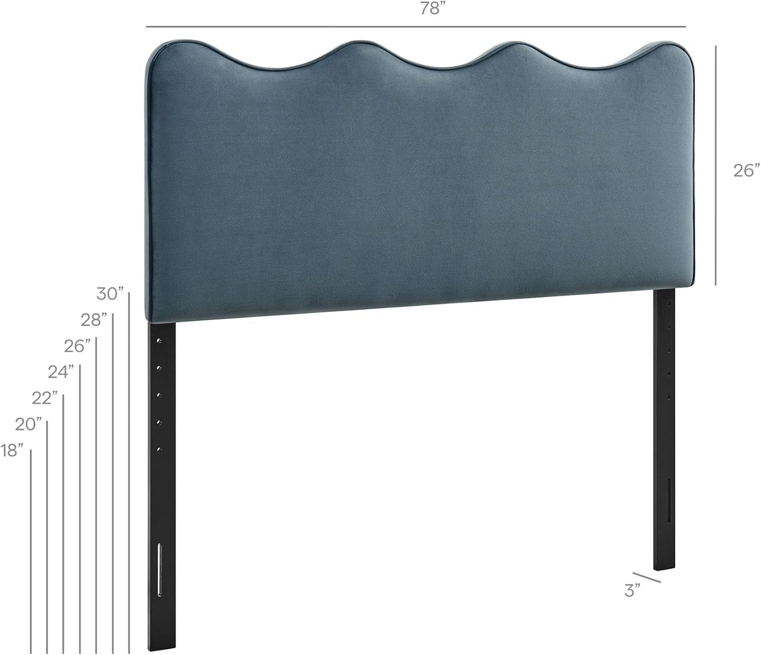 Monday Athena King Size Performance Velvet Adjustable Headboard in Cadet Blue - with Scalloped Wave Design and Stain-Resistant Velvet Upholstery