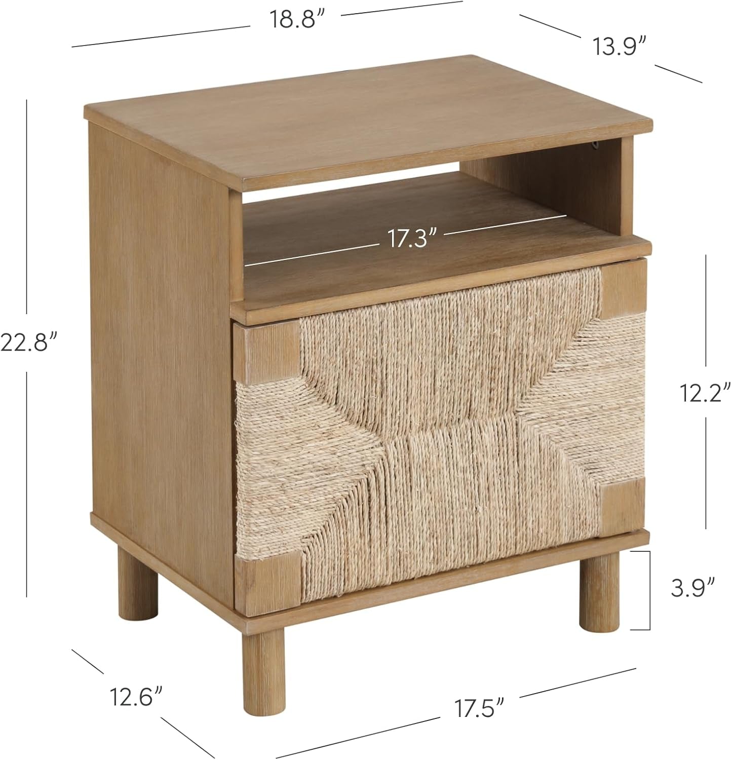 Beacon Wood Nightstand, Bohemian Accent Table or Sofa Side Table with Seagrass Door for Bedroom or Living Room, Light Brown
