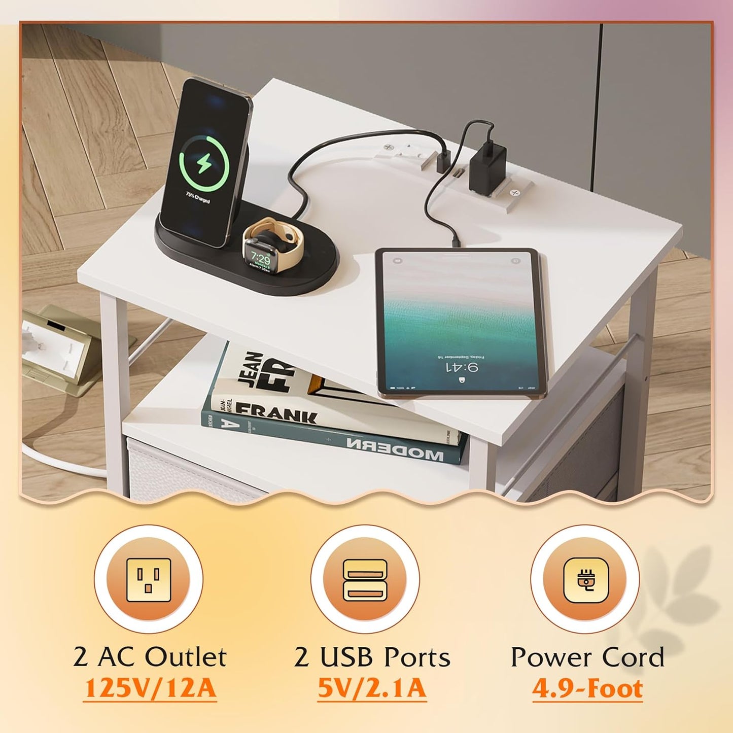 Night Stand Set 2, White Nightstand with Charging Station, Nightstands for Bedroom Set of 2, Bedside Tables, Side Table with 2 Fabric Drawers, Small Dresser with USB Ports and Outlets
