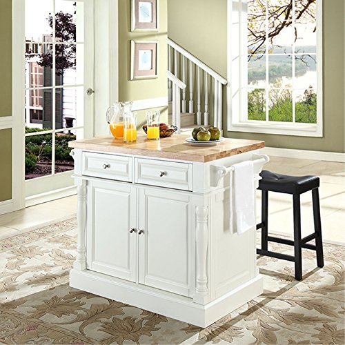 Crosley Furniture KF300064WH Kitchen Island with Butcher Block Top and 24" Upholstered Saddle Stools, White
