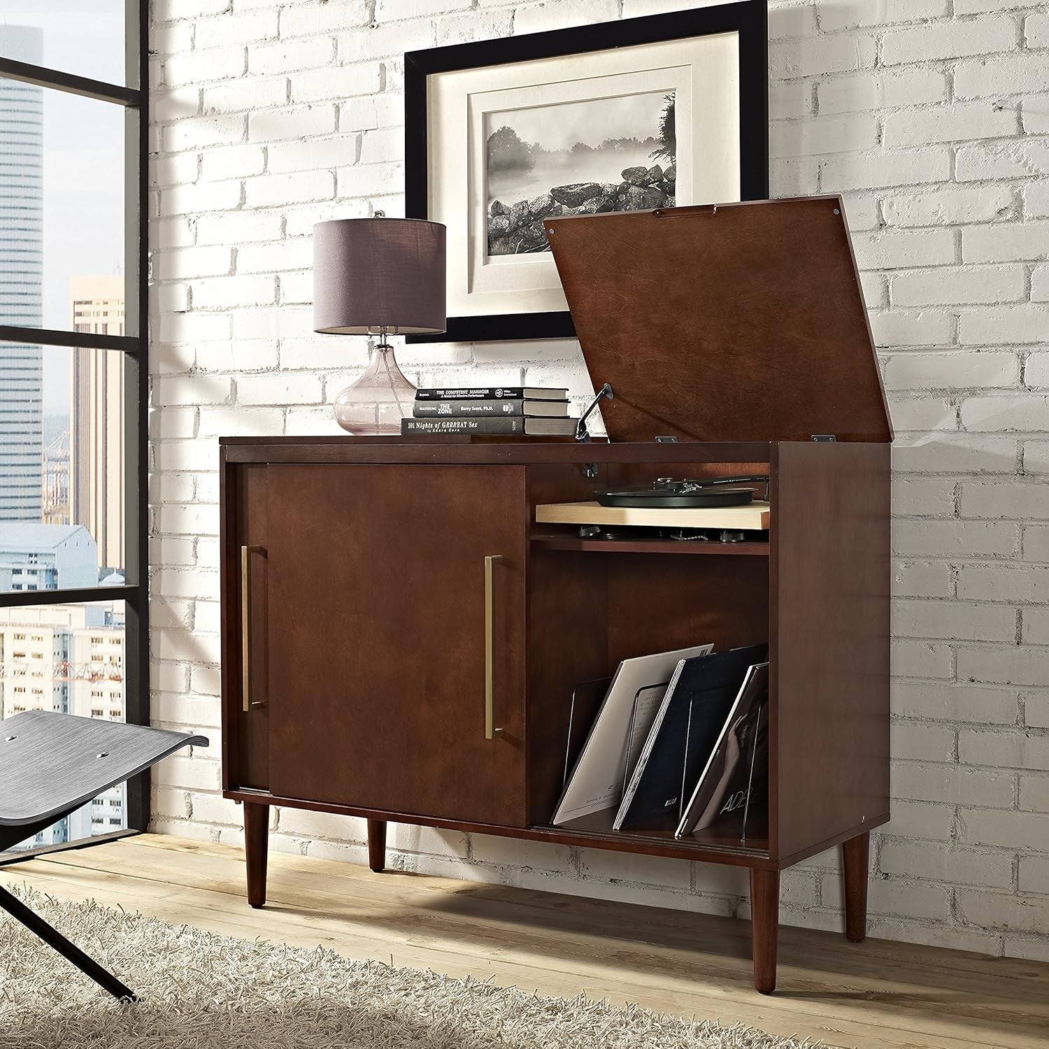 Everett Media Console and Record Player Stand with Storage for Vinyl Records, Mahogany