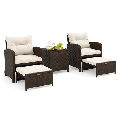 5 Pieces Patio Conversation Set, PE Wicker Outdoor Furniture Set with 2 Chairs, 2 Ottomans & Tempered Glass Coffee Table, Ideal for Poolside, Backyard, Lawn, Deck, Mix Brown & Off White