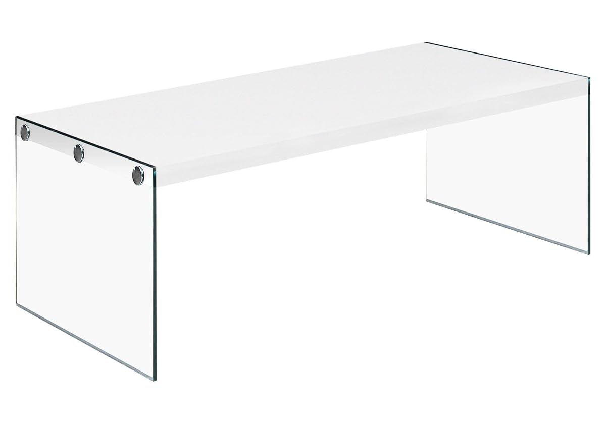 Monarch specialties, Coffee Table, Tempered Glass, Glossy White, 44"L