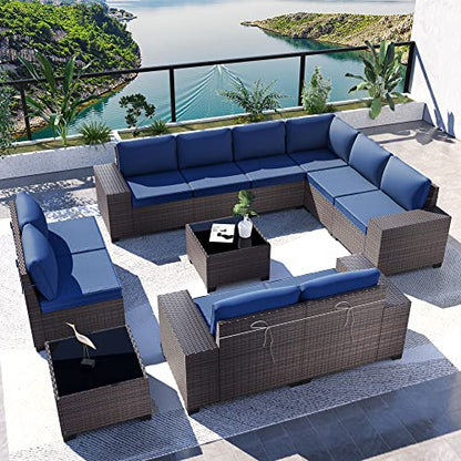 Outdoor Patio Furniture Set,12 Pieces Sectional Rattan Sofa Set Brown PE Rattan Wicker Patio Conversation Set with 10 Seat Cushions and 2 Tempered Glass Coffee Table,Navy Blue