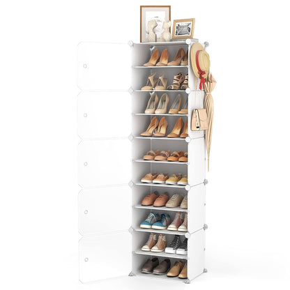 10 Tier Shoe Storage Cabinet with Door, Portable Narrow Organizer Rack for 20 Pairs, White Plastic with Hooks for Entryway or Bedroom