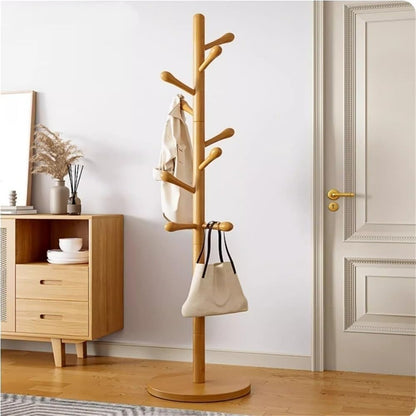Simple Trending Standard Clothes Clothing Garment Rack, Floor-Standing Hat Rack for Bedroom, Solid Wood Coat Tree, Vertical Purse Hanger for Living Room(Natural)