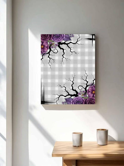 NuYeBiofx Halloween Flower Berry Tree Branch Canvas Wall Art Prints,48"x32" Framed Picture Artwork Purple Plant Gray Check Printed Canvas Oil Painting for Living Room Bedroom Office,Ready to Hang