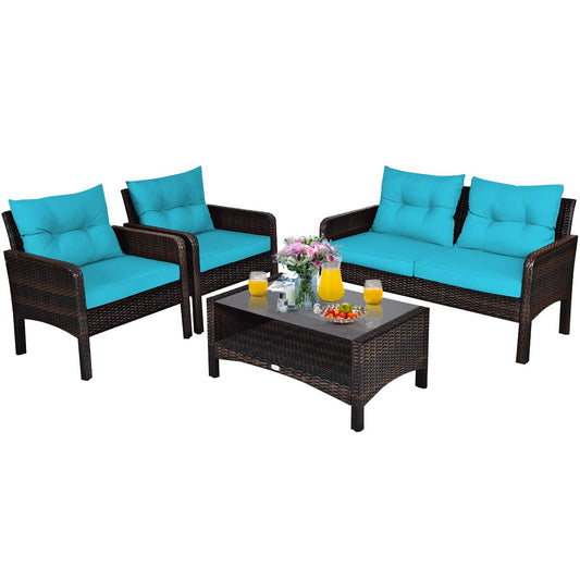 4 Piece Patio Furniture Set, Outdoor Wicker Conversation Set with Glass Top Coffee Table, All Weather Proof and Thick Cushions, Suitable for Porch, Garden, Poolside and Lawn (Turquoise)