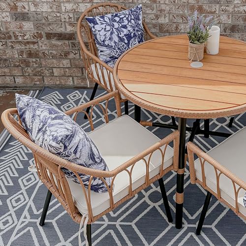4 Pieces Rattan Wicker Dinning Chairs, Outdoor Indoor Patio Furniture Set with Cushion and Curved Back All Weather Bistro Chair for Garden Backyard Porch Poolside Restaurant (Beige)