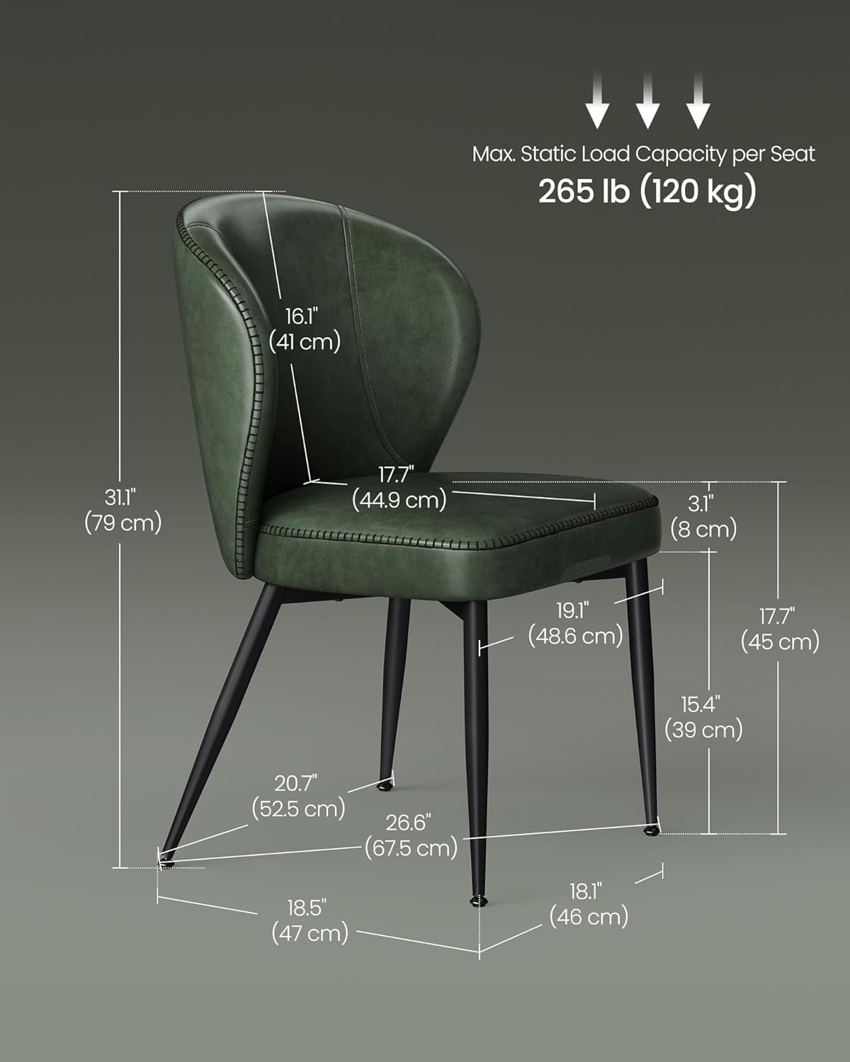 EKHO Collection - Dining Chairs Set of 2, Upholstered Kitchen Chairs, Comfortable Seat, Synthetic Leather with Stitching, Mid-Century Modern, Easy Assembly, Living Room Lounge, Forest Green