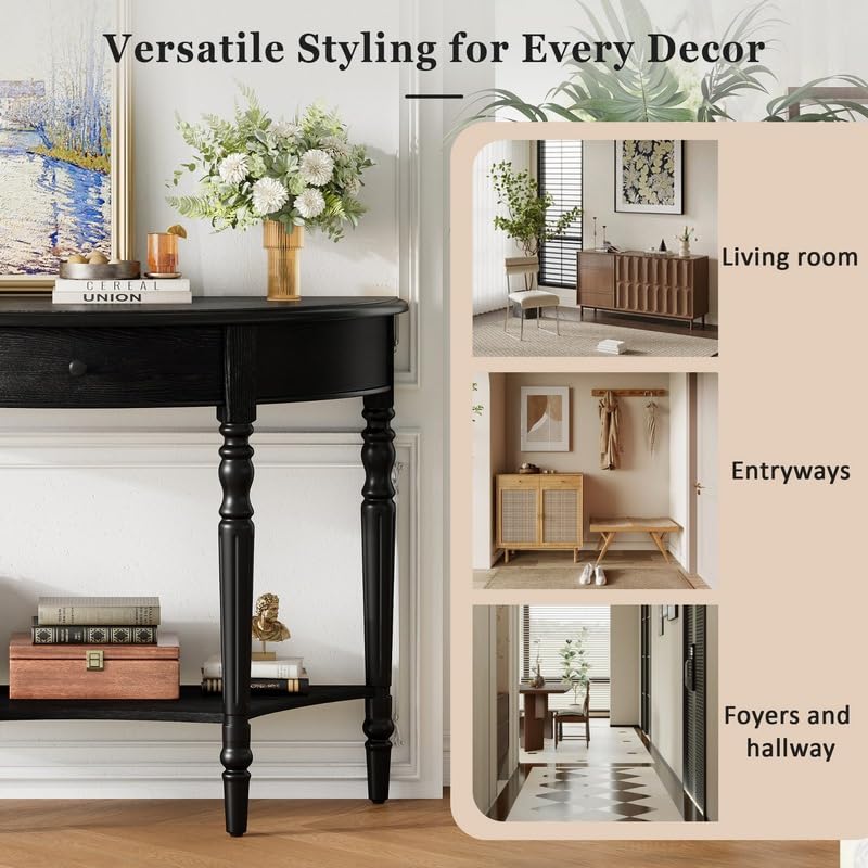 Black half moon console table with drawer and shelf, view 7