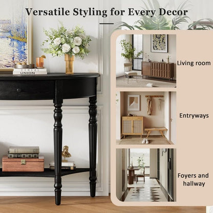 Black half moon console table with drawer and shelf, view 7