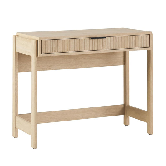 Transitional Office Design, Reeded Drawer Front Detail, Writing Desk with Drawer, Spacious Desktop, Complementary in Living Spaces, 38 Inch, Coastal Oak