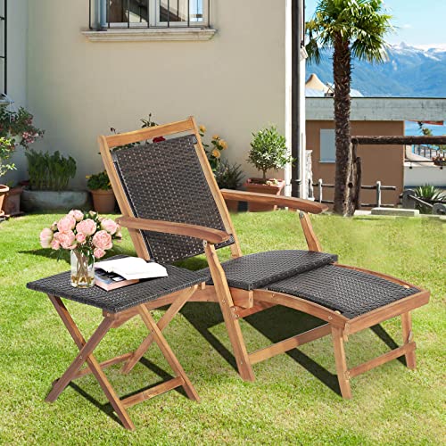 Patio Lounge Chair and Side Table Set, Acacia Wood Wicker Folding Table and Armrest Chair with Retractable Ottoman, Outdoor Chaise Lounger for Garden, Backyard, Poolside, Balcony