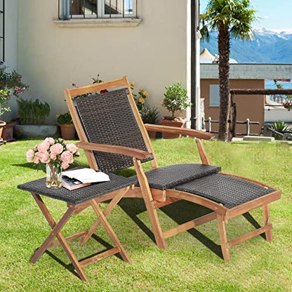 Patio Lounge Chair and Side Table Set, Acacia Wood Wicker Folding Table and Armrest Chair with Retractable Ottoman, Outdoor Chaise Lounger for Garden, Backyard, Poolside, Balcony