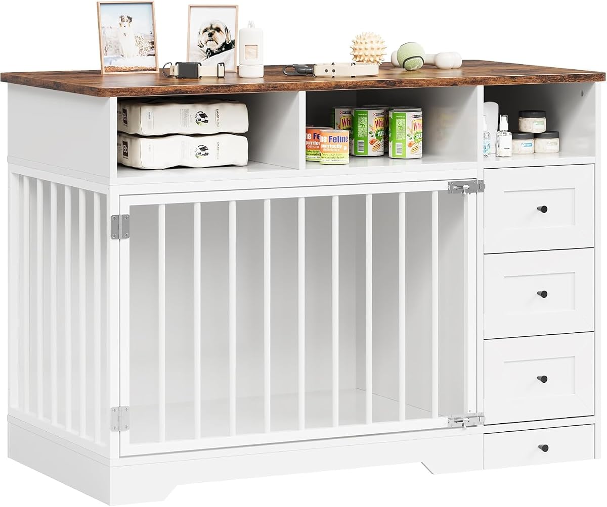 48 Inch Dog Crate Furniture, Farmhouse Dog Kennel with Bowl & Drawers