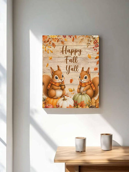 NuYeBiofx Happy Fall Y'all Words Squirrel Canvas Wall Art Prints,48"x32" Framed Picture Artwork Farm Wood Board Background Printed Canvas Oil Painting for Living Room Bedroom Office,Ready to Hang