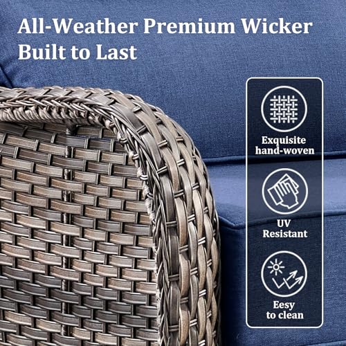 Luxury High Back Patio Furniture Set with 6-Inch Thick Cushions, 6-Pieces Outdoor Furniture with Swivel Chairs &Side Table, Wicker Conversation Set for Porch, Balcony, Deck and Yard, Grey/Blue