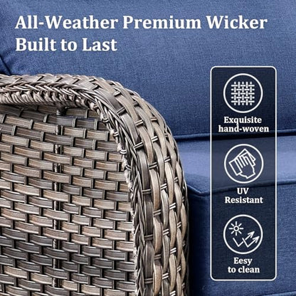 Luxury High Back Patio Furniture Set with 6-Inch Thick Cushions, 6-Pieces Outdoor Furniture with Swivel Chairs &Side Table, Wicker Conversation Set for Porch, Balcony, Deck and Yard, Grey/Blue