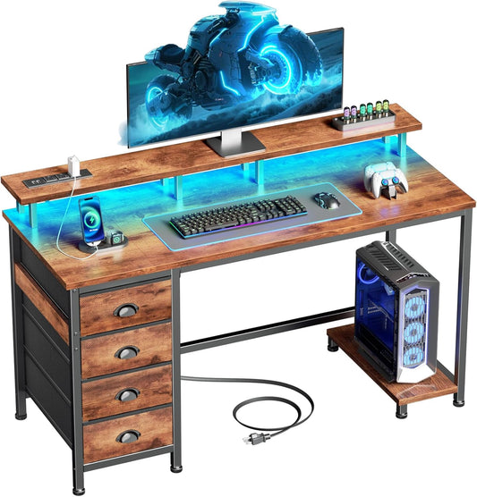 55 Inch Computer Desk Gaming with 4 Fabric Drawers with Power Outlets and LED Lights for Home Office with Full Monitor Stand and Shelf Study Table for Small Spaces Rustic Brown