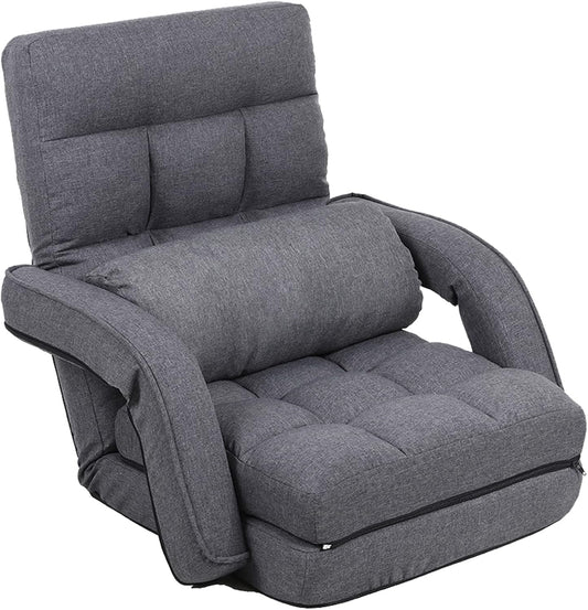 Indoor Floor Gaming Chairs for Adults with Back Support,Chaise Lounge, 14-Position Folding Lazy Sofa with Pillow for Living Room, Bedroom, Balcony(Grey) 8803GR
