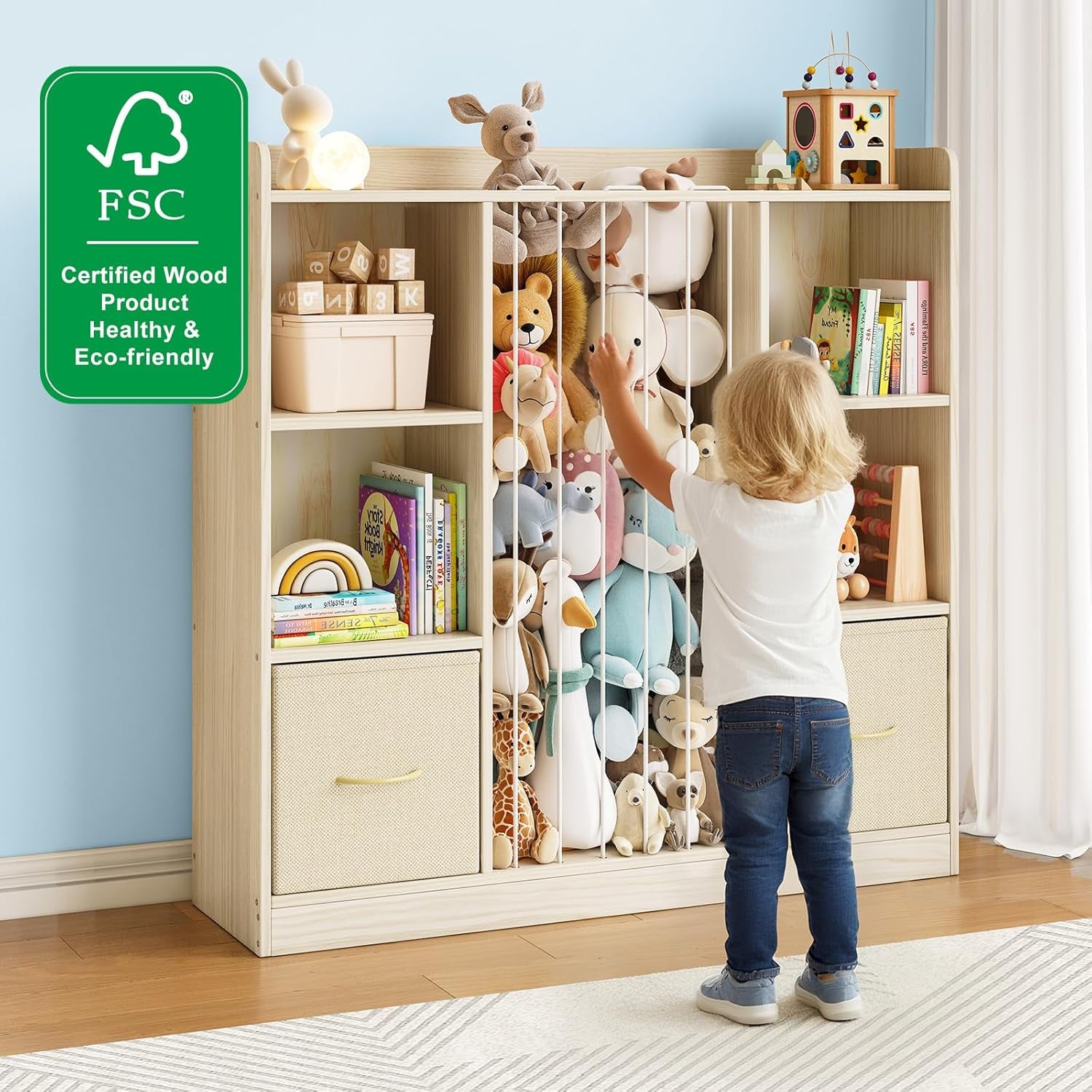 Toy Storage Organizer with Stuffed Animal Storage, Wooden Toy Organizer & Stuffed Animal Zoo, 6 Cubes Shelf with Removable Drawers, 4 -In-1 Book Shelf for Kids Room, Playroom, Nursery