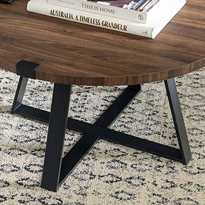 Anastasia Modern Metal Wrap X Base Coffee Table, 30 Inch, Dark Walnut and Black