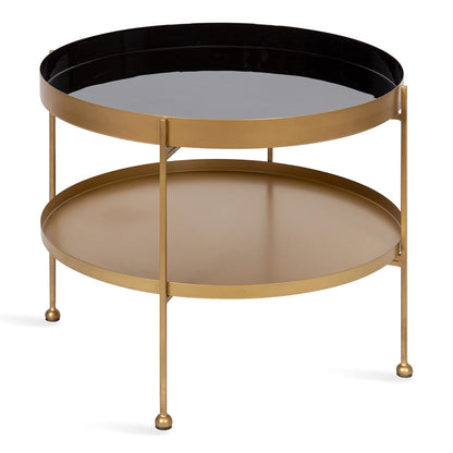Nira Modern Round Two Tier Coffee Table; 26 Inch Diameter; Black and Gold; Decorative Glam Coffee Table for Storage and Display
