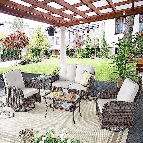 Brown wicker swivel glider patio chairs with beige cushions, view 2