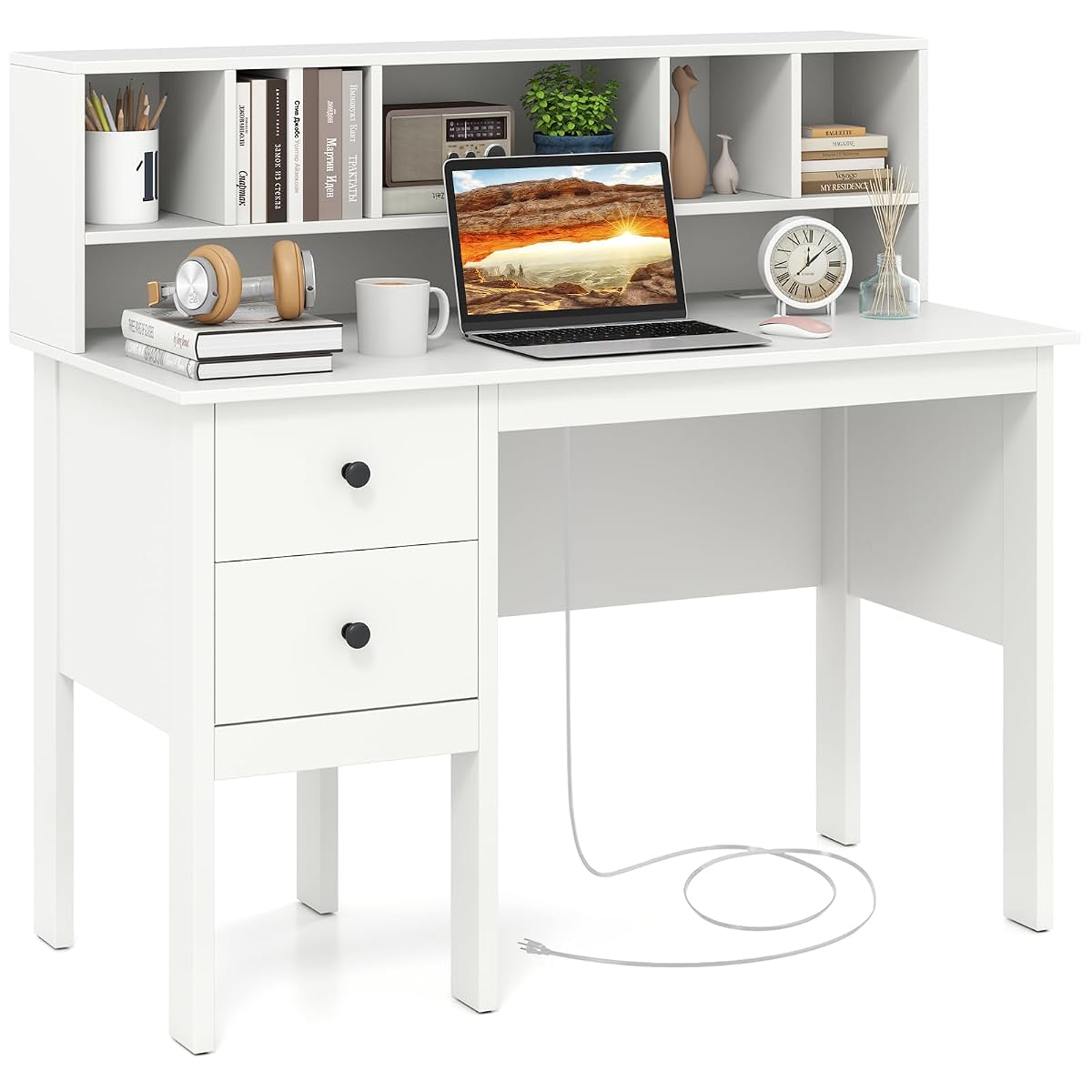 White Desk with Drawers & Hutch, Home Office Desk with Charging Station