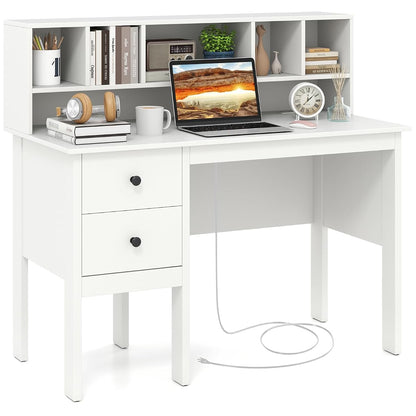 White Desk with Drawers & Hutch, Home Office Desk with Charging Station