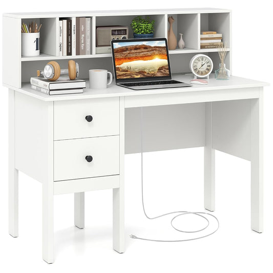 White Desk with Drawers & Hutch, Home Office Desk with Charging Station