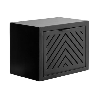 Mezzeta Modern Floating Shelf Side Table with Storage Cubby; 16 x 10 x 12; Black; Decorative Slatted Wood Floating Nightstand with Pull Down Door for Use as Bathroom Storage