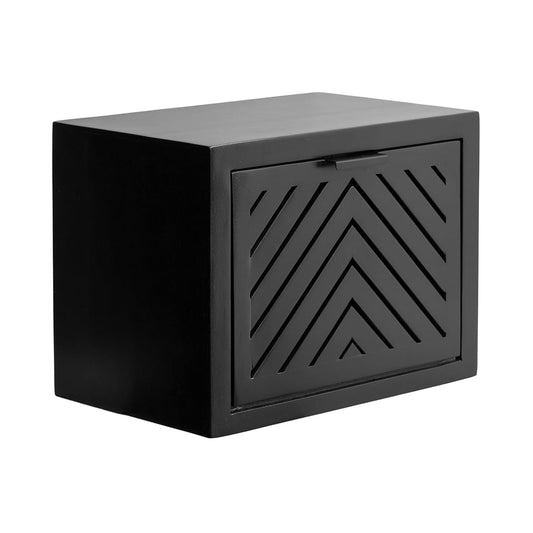 Black slatted wood floating nightstand with storage cubby
