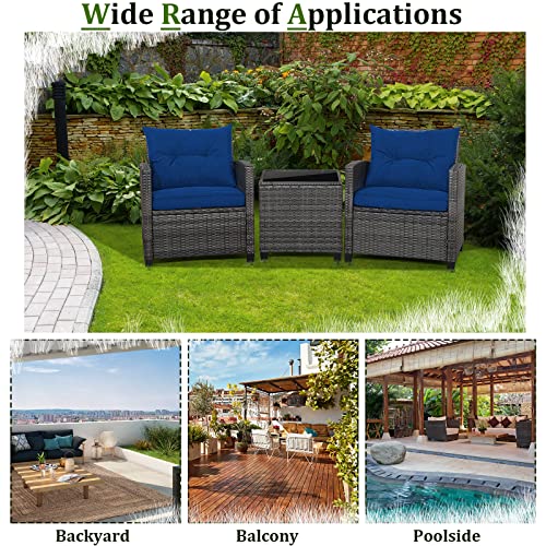 Wicker Patio Furniture Sets - 3 Pieces Patio Rattan Sofa Set, Outdoor Conversation Set with Tempered Glass Tabletop, Heavy-Duty Steel Frame, Wicker Chair Set for Poolside, Backyard, Navy