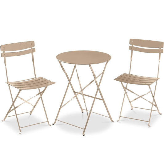 Best Choice Products 3-Piece Bistro Set, Space Saving Folding Design, Solid Steel, Outdoor Patio Furniture Set w/ 2 Chairs, Bistro Table - Sand