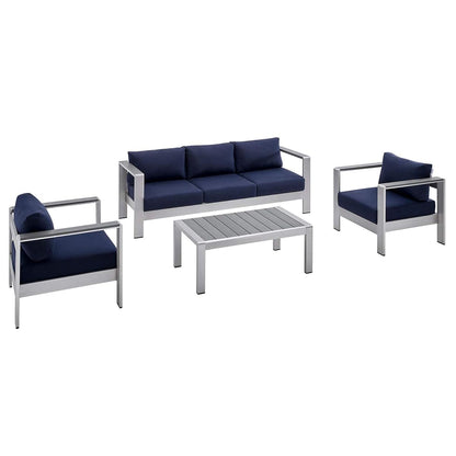 Shore Aluminum 4 Piece Outdoor Patio Furniture Set | Sturdy Anodized Frames | Sunbrella Cushions | Ideal for Casual Gatherings