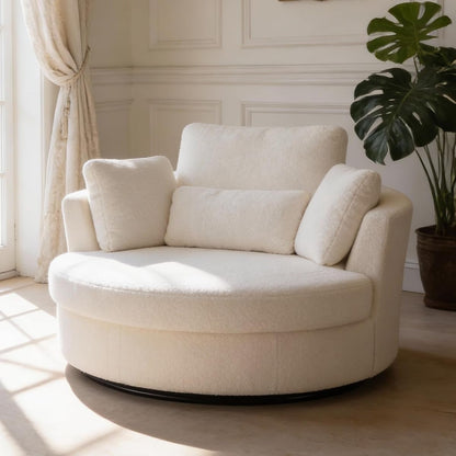 50'' W Oversized Swivel Barrel Chair, Ivory Swivel Accent Chair for Living Room, Round Oversized Arm Chair with 4 Pillows, Deep Seat & Extra Wide, Sherpa