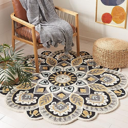 SAFAVIEH Novelty Collection Area Rug - 4' Round, Ivory & Black, Handmade Wool, Flower Design, Ideal for High Traffic Areas in Living Room, Bedroom, Dining (NOV604Z-4R)