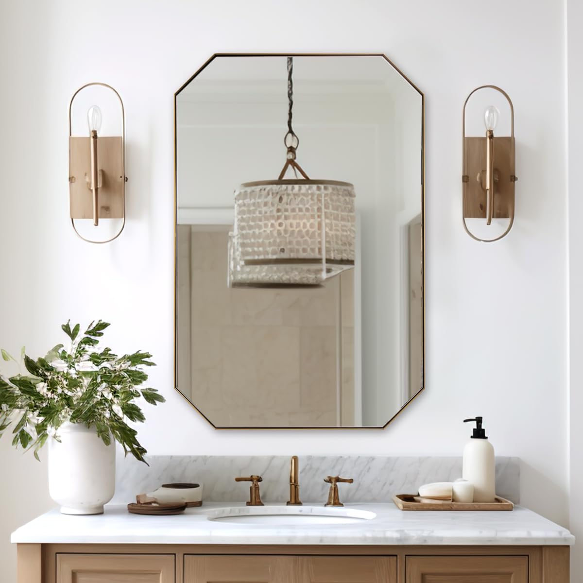 Gold Octagon Bathroom Mirror, 24x36 Inch Stainless Steel Metal Frame, Anti-Rust, Shatterproof HD Glass, Wall Mounted for Bathroom, Bedroom, Living Room