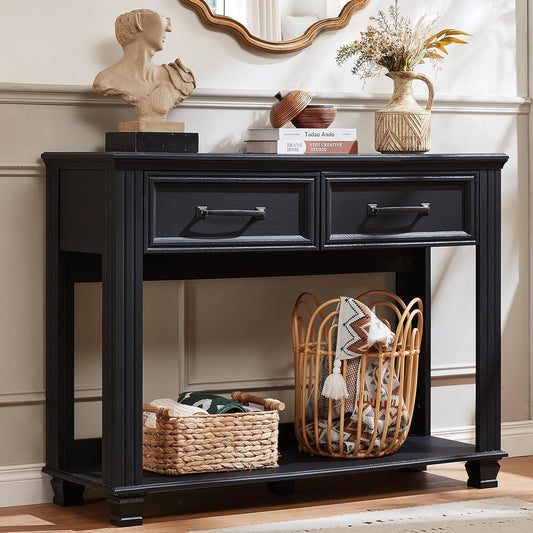Farmhouse 46" Console Table with 2 Drawers, Rustic Wood 2 Tier Entryway Table with Open Storage Shelf for Entry, Large Mid-Century Vintage Sofa Tables behind Couch for Living Room, Black