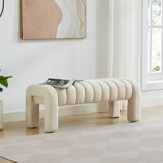 43’’ End of Bed Bench, Modern Linen Entryway Bench, Upholstered Ottoman Stool with Full Coverage Fabrics, Ottoman for Bedroom, Living Room, Dining Room, Beige