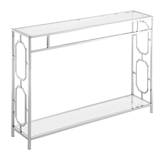 Omega Chrome Console Table 42" - Contemporary Modern Sofa Table with Storage Shelf, Narrow Entryway Hall Table for Living Room, Bedroom, Bathroom, Glass/Chrome