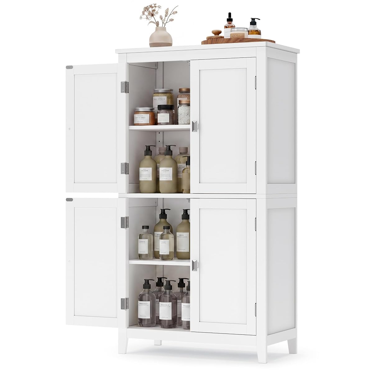 Freestanding Storage Cabinet, Floor Cabinet with Elevated Legs, Metal Handles, for Living Room, Kitchen, Bathroom, White