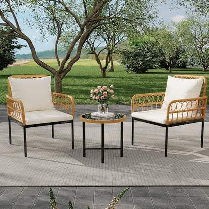 Wicker 3 Pieces Patio Bistro Sets Outdoor Conversation Sets with Glass Top Side Table and 2 Modern Rattan Chairs, Patio Furniture Set for Apartment, Backyard, Porch, Balcony, Lawn (Beige)