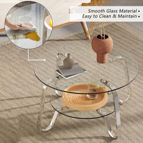 31.5" Silver Round Glass Coffee Table Modern Living Room Table 2-Layer Sofa, view 6