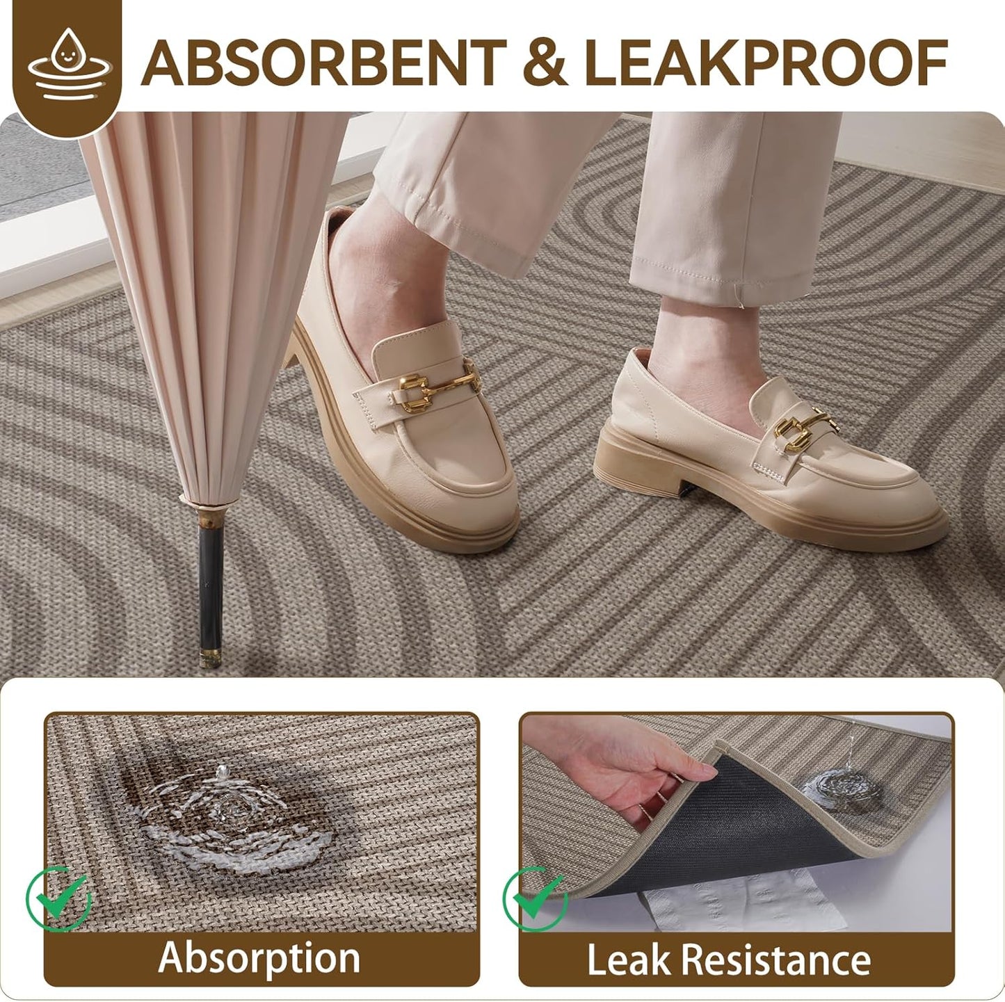 Front Door Mat 17''X30'', Absorbent Muddy Dirt Resist Washable Non Slip Low-Profile Indoor Doormat, Welcome Entryway Door Mats, Brown