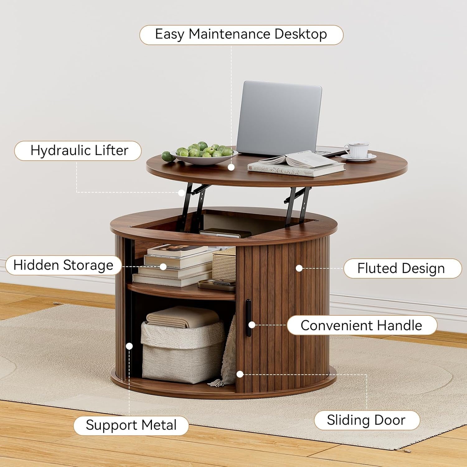 round Lift Top Coffee Table, Fluted Wood Accent Coffee Table with Hidden Storage and Open Shelves, Drum Table with Sliding Rolling Door, Small Center Table Dining Table for Living Room, Walnut