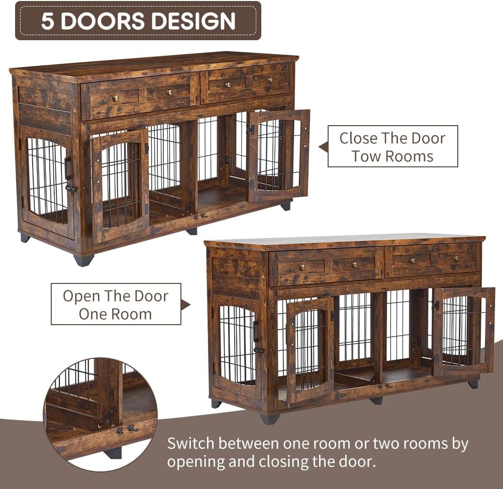 2 Dog Crate Furniture for Large Breeds,Large Dog Kennel Furniture TV Stand,58" Wooden Dog Kennel End Table with Drawers,Double Dog House with Divider