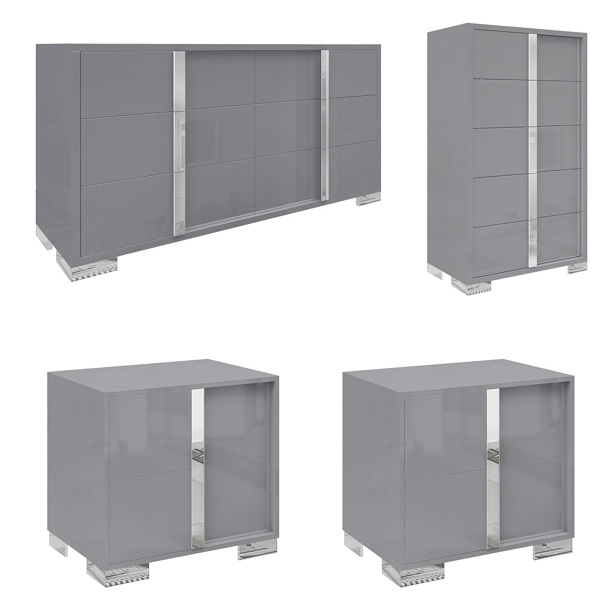 4 Piece Bedroom Dresser Set, Modern High Gloss UV Finish, 2 Nightstands, Chest of 5 Drawers & 6-Drawer Dresser, Electroplated Metal Handles, Bedroom Furniture Set, Grey
